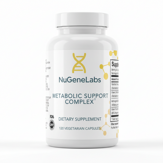 Supplement label for NuGeneLabs Metabolic Support Complex with supplement facts and ingredients listed.