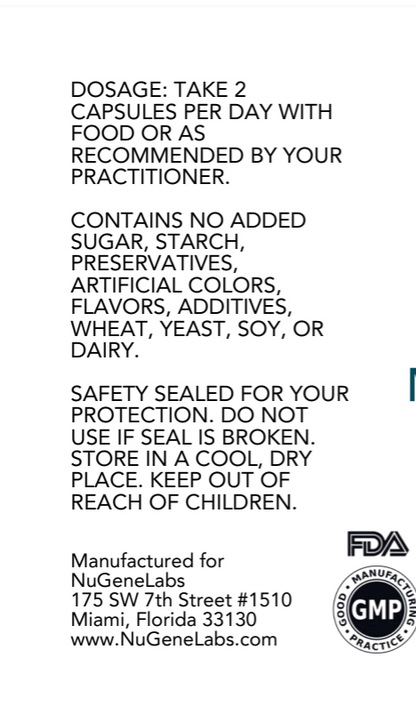 Product label with dosage instructions and safety information on a white background