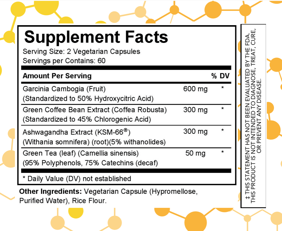 Supplement facts label with various extracts and their amounts on a white background.