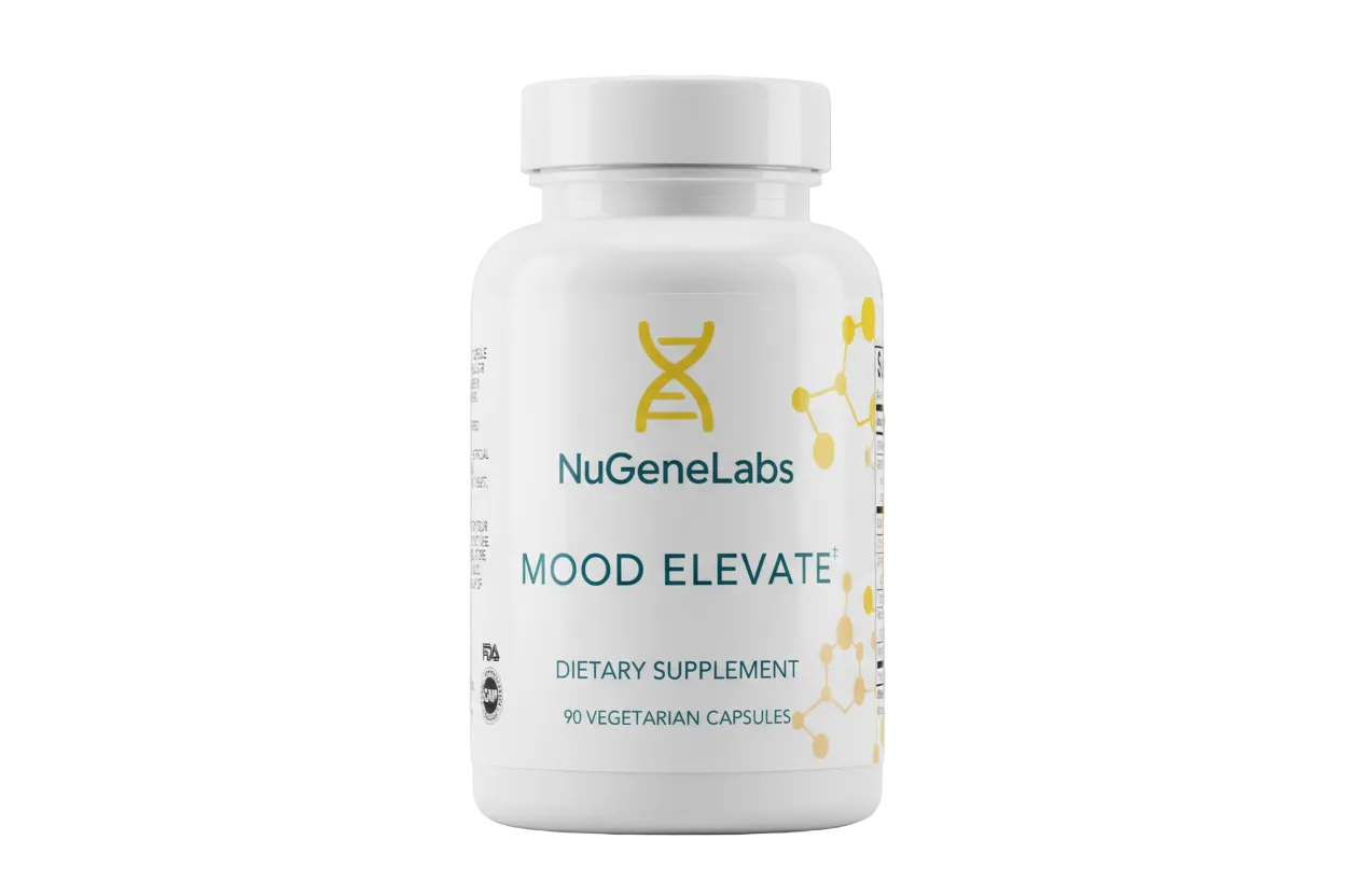 Supplement bottle for NuGeneLabs Mood Elevate dietary supplement with branding.