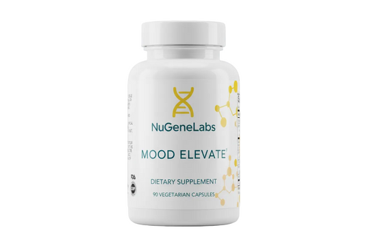 Supplement bottle for NuGeneLabs Mood Elevate dietary supplement with branding.
