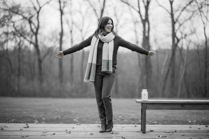 Woman outdoors during fall happy with NuGeneLabs Mood Elevate supplement on the bench.