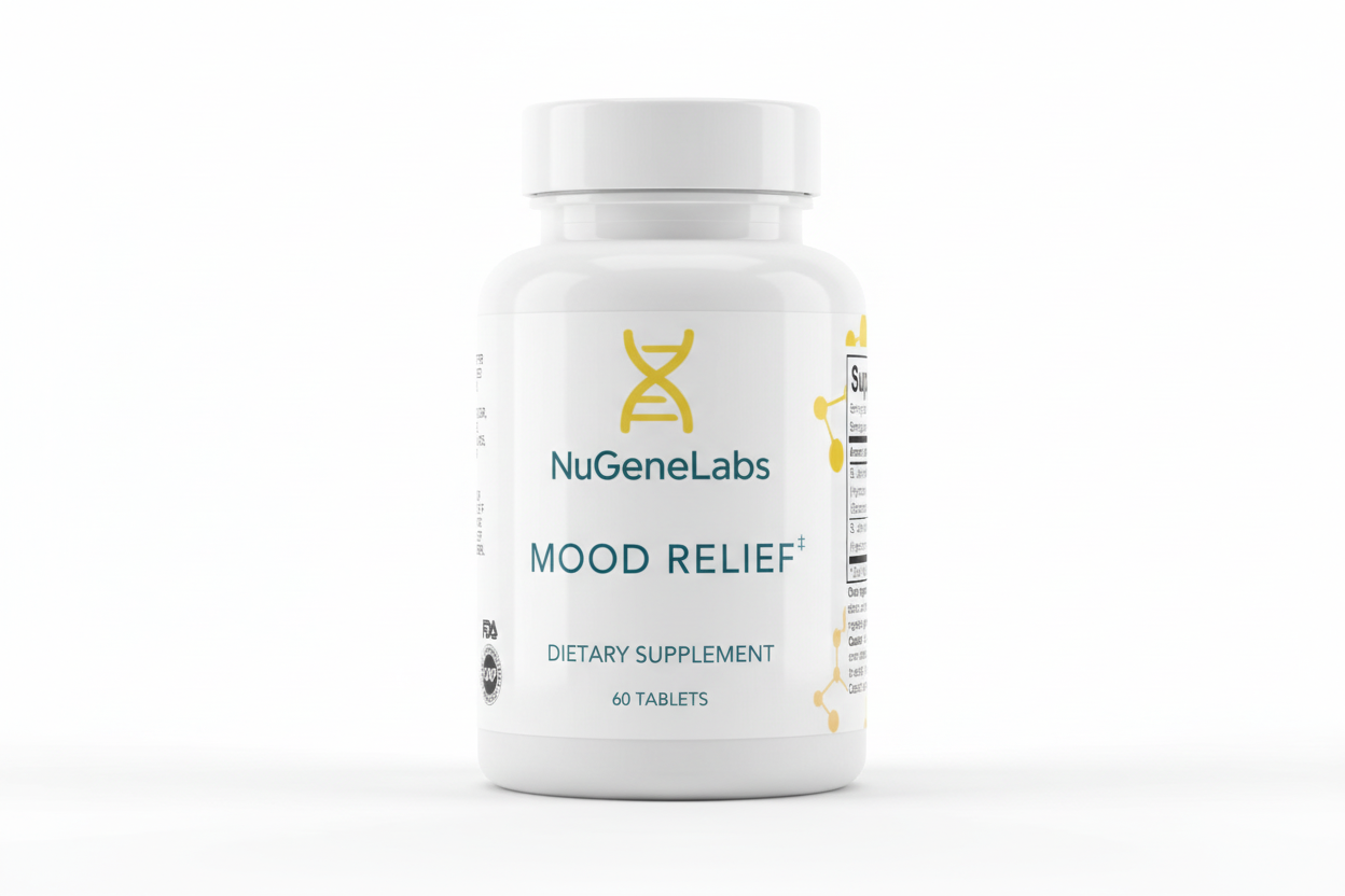 NuGeneLabs Mood Relief supplement bottle with branding.