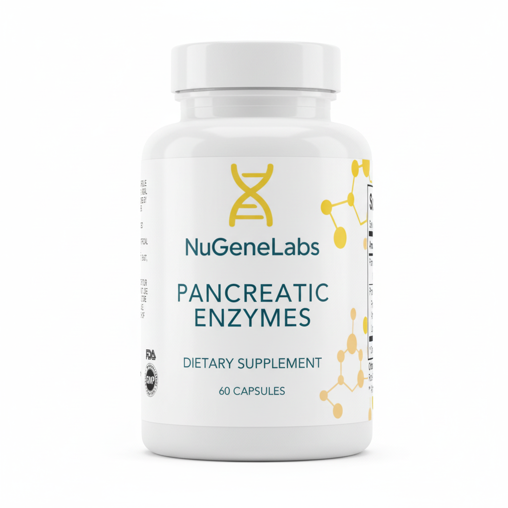 NuGeneLabs Pancreatic Enzymes white supplement bottle with supplement facts and branding.