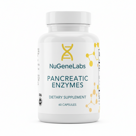 NuGeneLabs Pancreatic Enzymes white supplement bottle with supplement facts and branding.