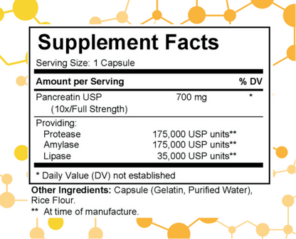 NuGeneLabs Pancreatic Enzymes supplement label with supplement facts and branding.