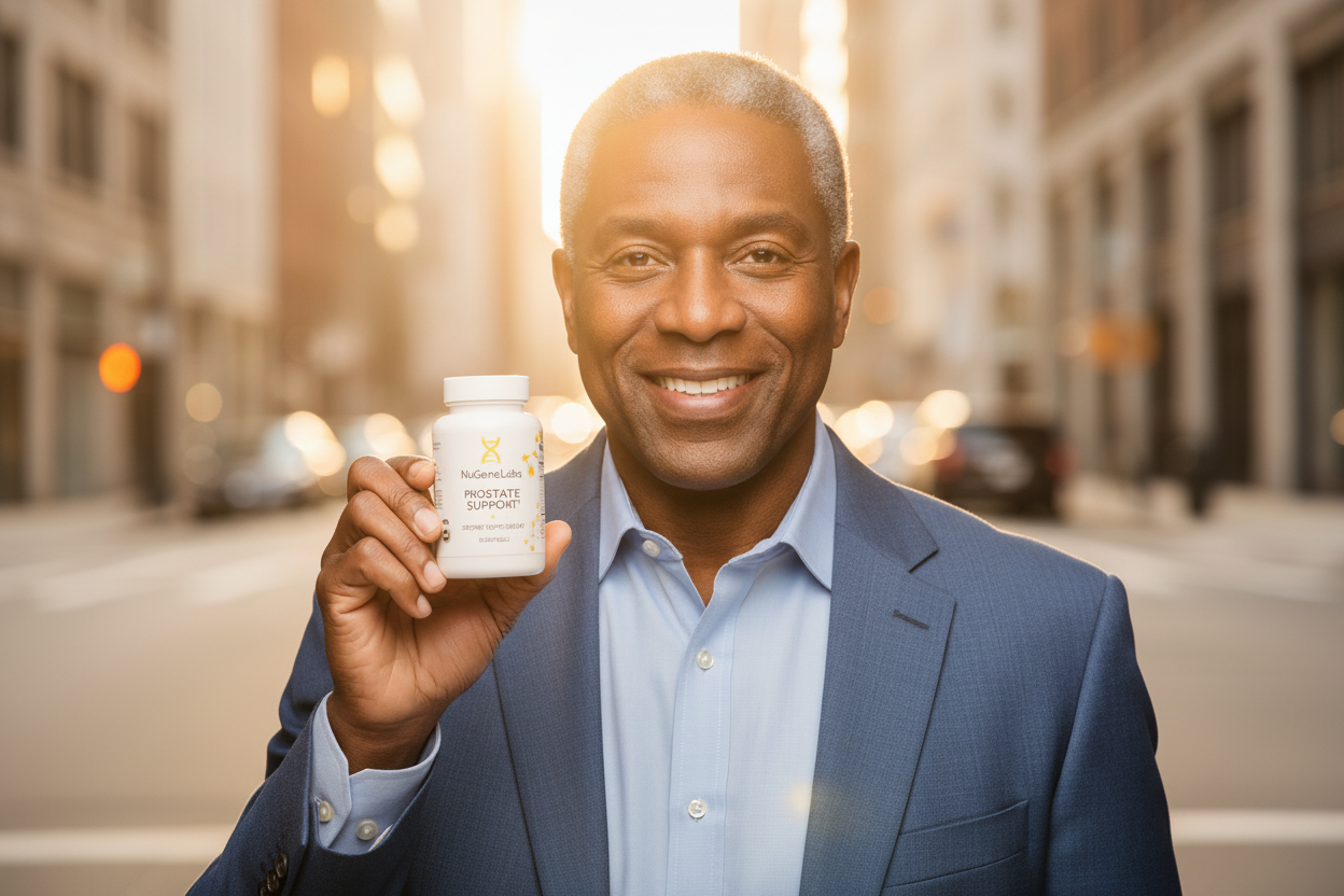 Man holding NuGeneLabs Prostate Support supplement bottle against a street background