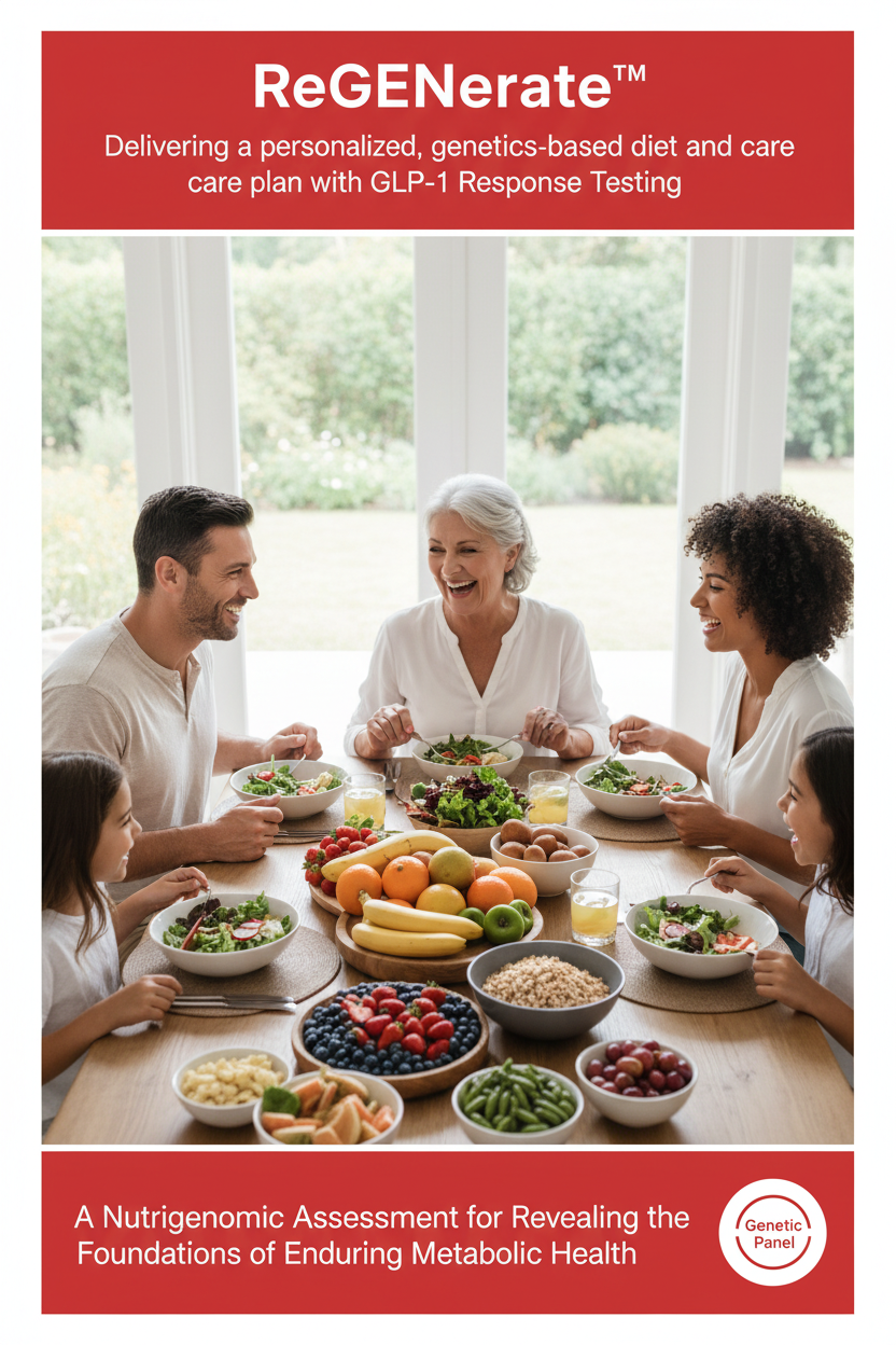 Promotional banner for ReGENERateTM, featuring a family having breakfast at a wooden dining table with fruit bowls, set against a bright interior background. The top and bottom have orange-red borders with white text advertising personalized genetics-based diet and care plans through GLP-1 response testing, and a circular logo for Genetic Medicine appears in the bottom right corner.