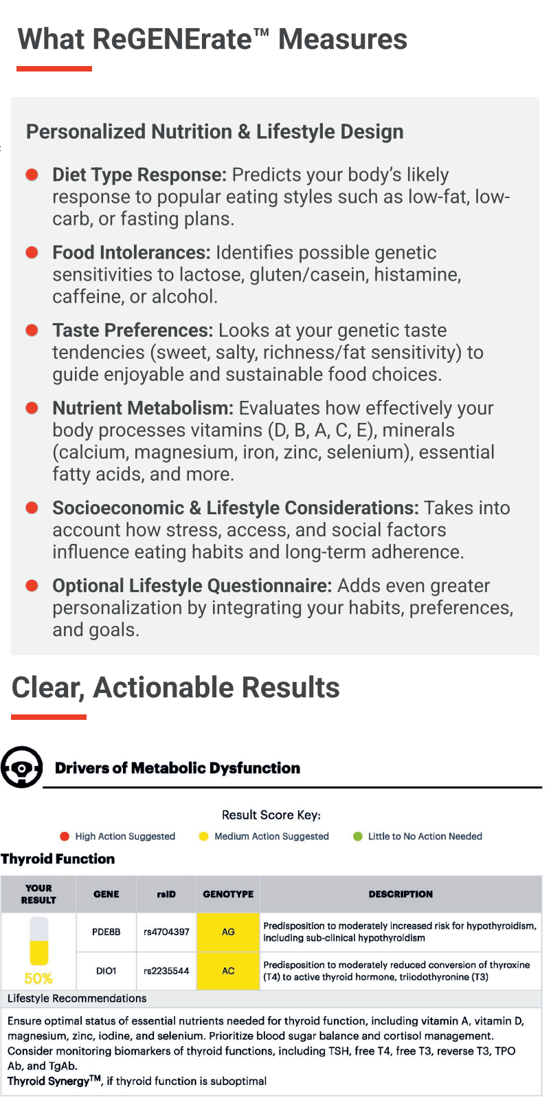 A digital infographic titled 'What REGENERATE Measures' with a white background, black text, and a red header. The chart outlines personalized lifestyle and diet design metrics such as diet type, food intolerances, taste preferences, and nutrient evaluation.