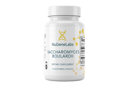 White supplement bottle for Saccharomyces Boulardii by NuGeneLabs with supplement facts and ingredients listed.