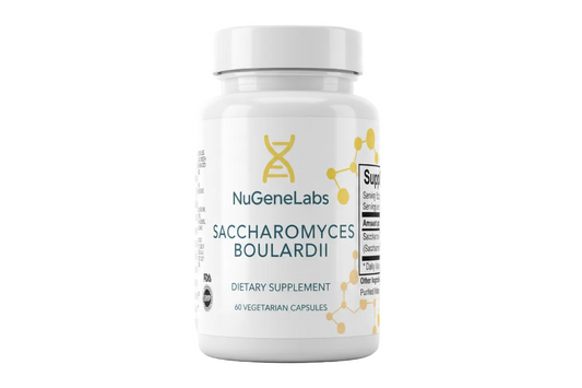 White supplement bottle for Saccharomyces Boulardii by NuGeneLabs with supplement facts and ingredients listed.