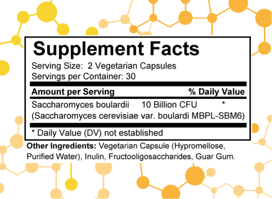 Supplement label for Saccharomyces Boulardii by NuGeneLabs with supplement facts and ingredients listed.