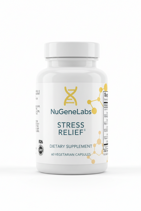 NuGeneLabs Stress Relief supplement bottle with molecular structures.