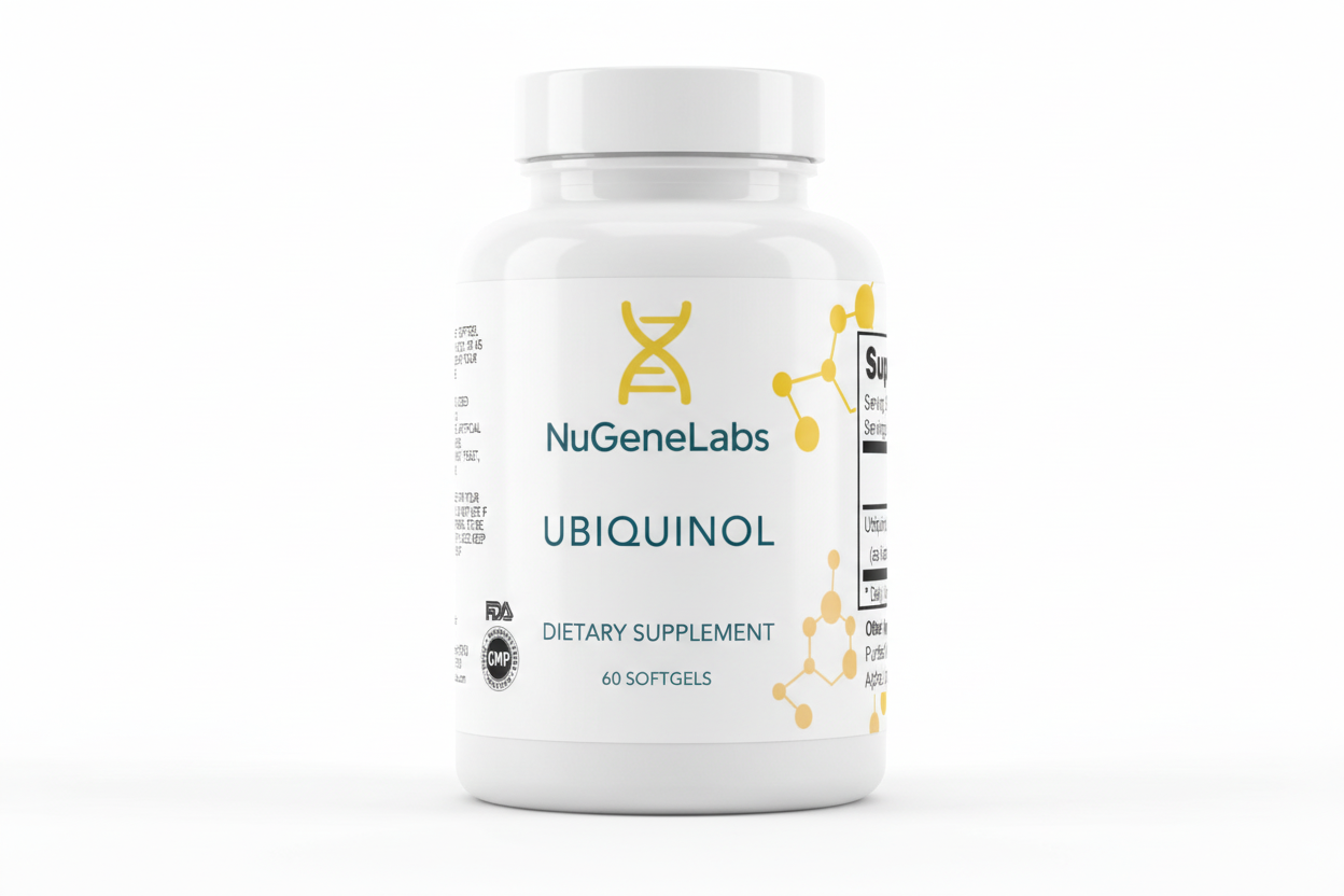 Supplement label for NuGeneLabs Ubiquinol with supplement facts and ingredients listed.