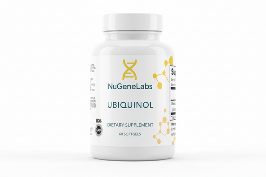 Supplement label for NuGeneLabs Ubiquinol with supplement facts and ingredients listed.
