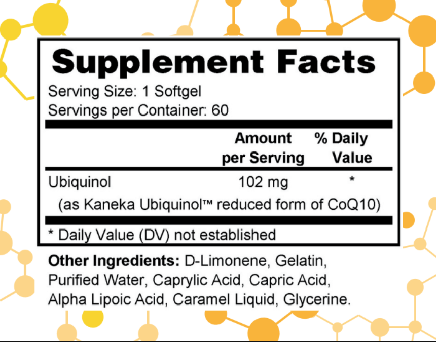 Supplement label for NuGeneLabs Ubiquinol with supplement facts and ingredients listed.