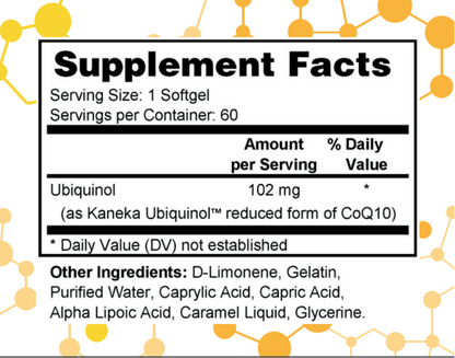 Supplement label for NuGeneLabs Ubiquinol with supplement facts and ingredients listed.