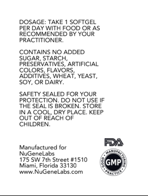 Supplement label for NuGeneLabs Ubiquinol with suggested use instructions.