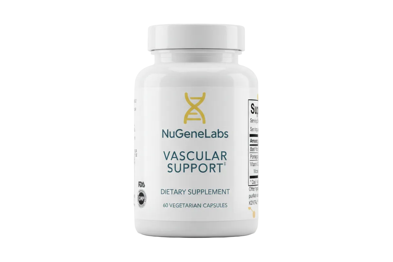 Supplement bottle for NuGeneLabs Vascular Support dietary supplement.