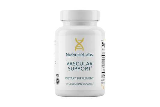 Supplement bottle for NuGeneLabs Vascular Support dietary supplement.