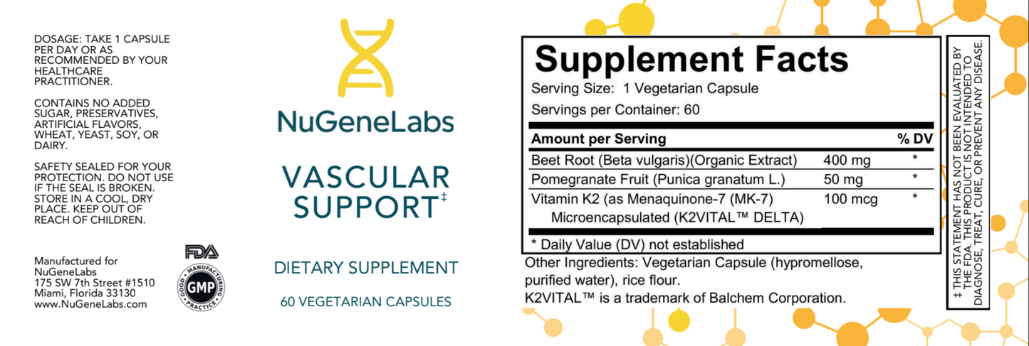 Supplement label for NuGeneLabs Vascular Support dietary supplement with ingredient list and serving size.