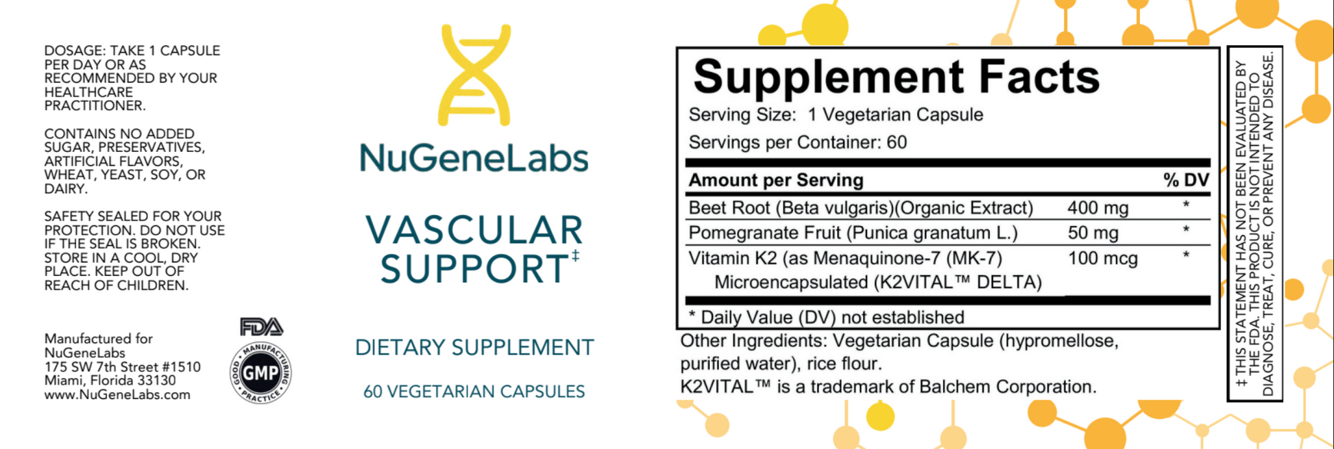 Supplement label for NuGeneLabs Vascular Support dietary supplement with ingredient list and serving size.