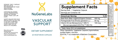 Supplement label for NuGeneLabs Vascular Support dietary supplement with ingredient list and serving size.