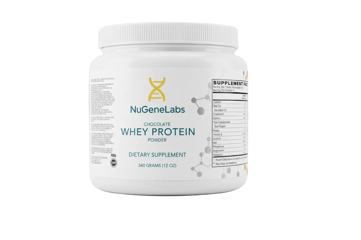 NuGeneLabs chocolate whey protein powder jar with supplement facts.