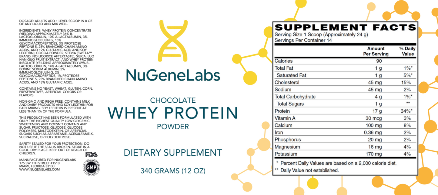 NuGeneLabs chocolate whey protein powder label with supplement facts.