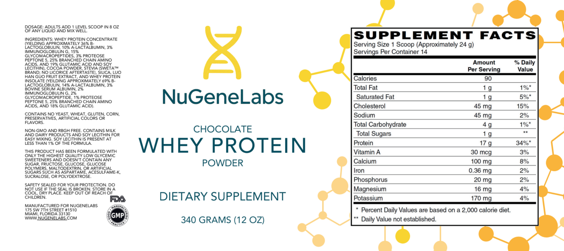 NuGeneLabs chocolate whey protein powder label with supplement facts.