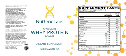 NuGeneLabs chocolate whey protein powder label with supplement facts.