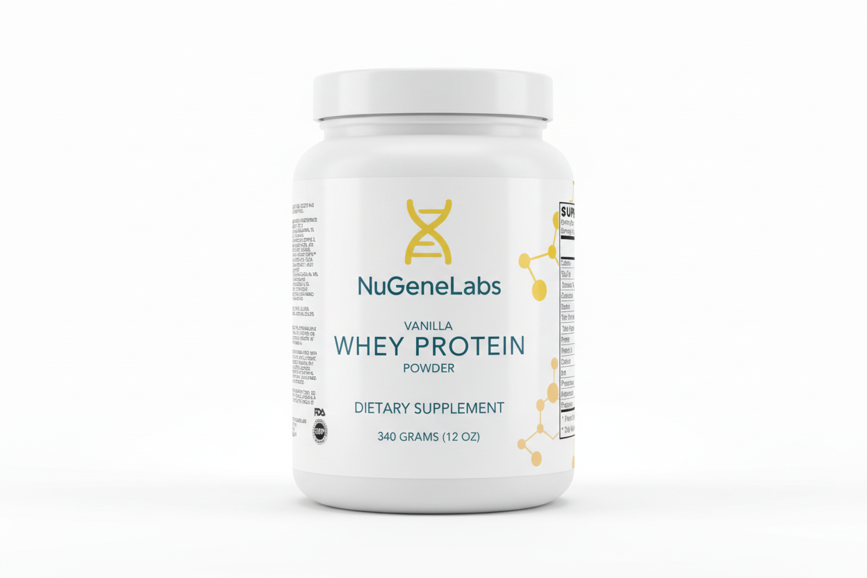 NugeneLabs vanilla whey protein powder container on a white background