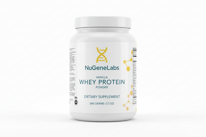 NugeneLabs vanilla whey protein powder container on a white background