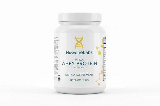 NugeneLabs vanilla whey protein powder container on a white background