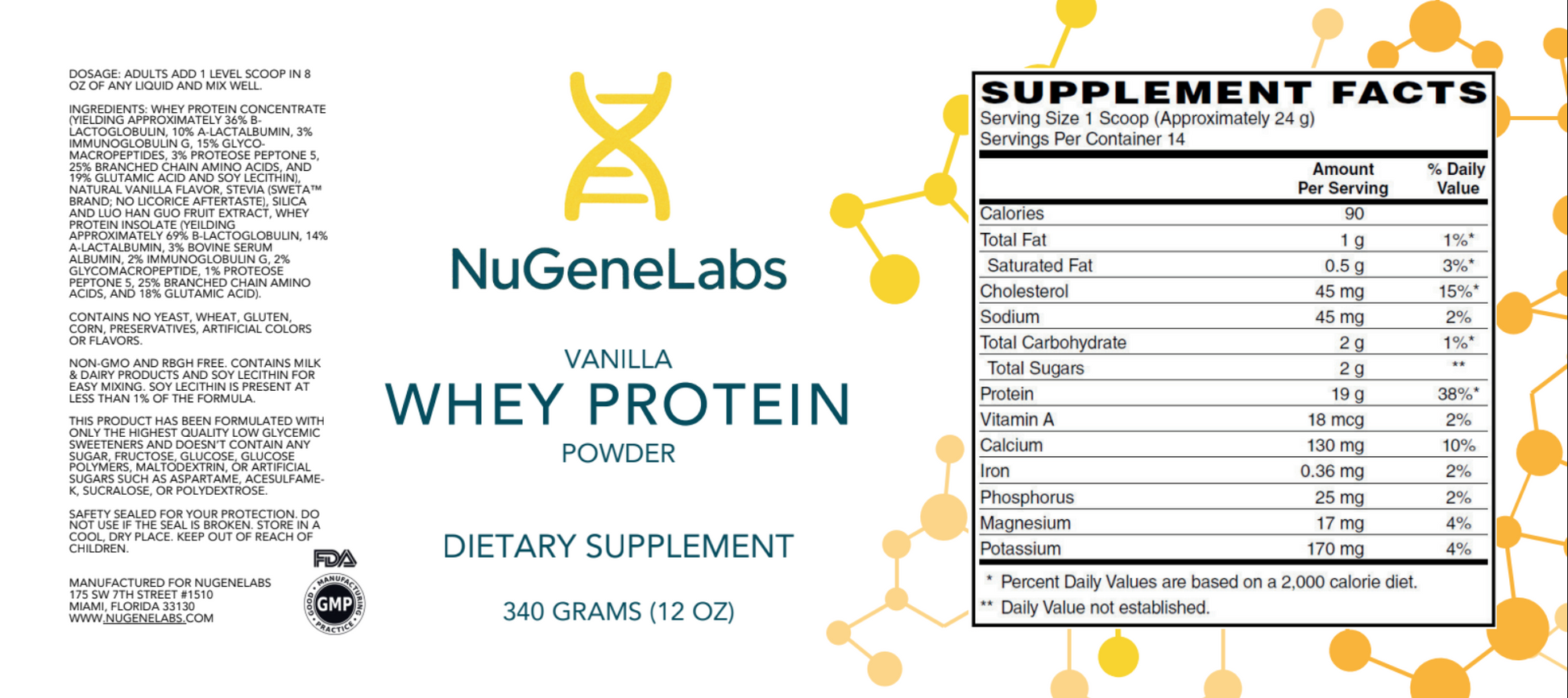 NugeneLabs vanilla whey protein powder container on a white background