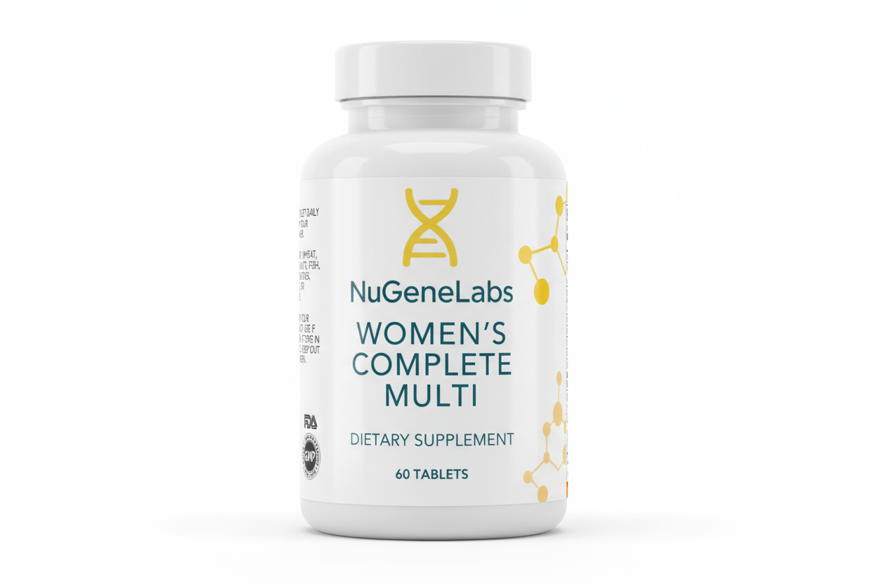 NuGeneLabs Women's Complete Multi supplement bottle with molecular structures and branding.