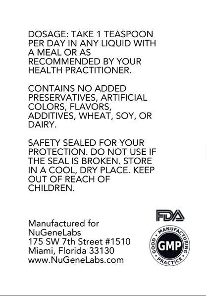Back label of a supplement container with text and NuGeneLabs branding.