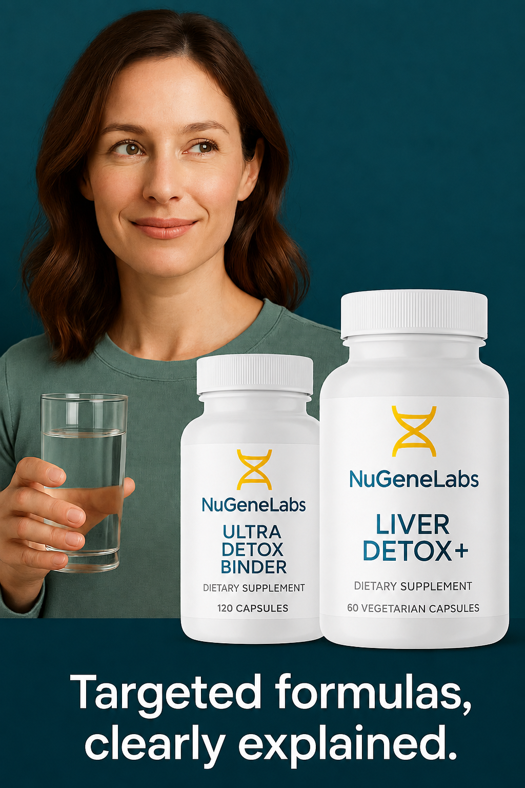 A woman holding a glass of water stands behind two white supplement bottles on a dark teal background. The bottles are branded NuGeneLabs, with one labeled Ultra Detox Binder and the other Liver Detox+.