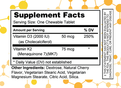 Supplement facts label with vitamin D3 and K2 content on a white background with molecular structures.