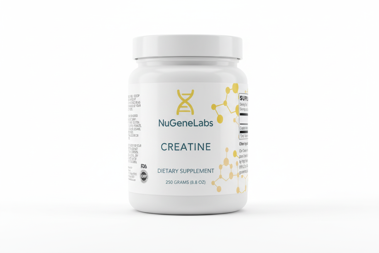 NuGeneLabs Creatine supplement labeled container with molecular structures and supplement facts.