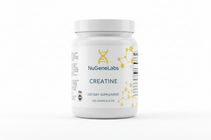 NuGeneLabs Creatine supplement labeled container with molecular structures and supplement facts.