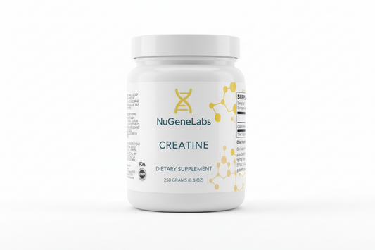 NuGeneLabs Creatine supplement labeled container with molecular structures and supplement facts.
