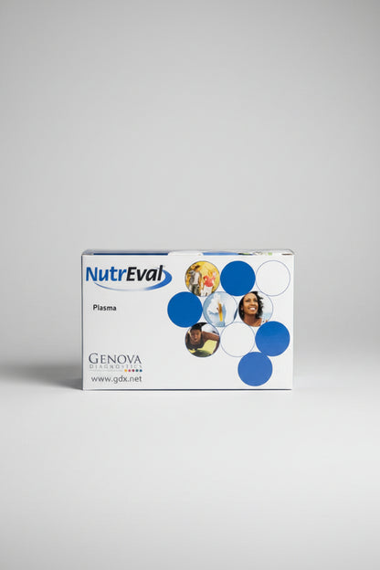 A box of Genova Diagnostics NutrEval Plasma is displayed in the gray background.