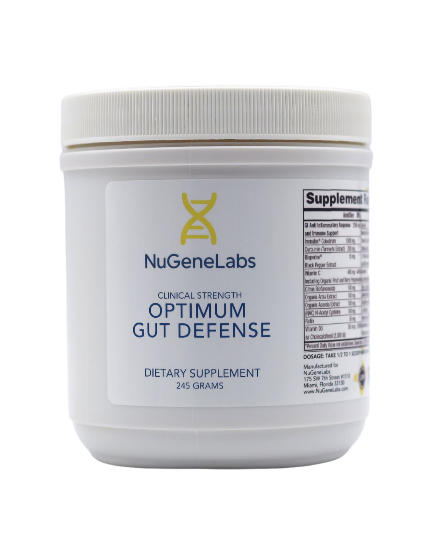 Dietary supplement container labeled 'Optimum Gut Defense' by NuGeneLabs on a white background