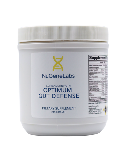 Dietary supplement container labeled 'Optimum Gut Defense' by NuGeneLabs on a white background