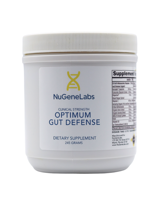 Dietary supplement container labeled 'Optimum Gut Defense' by NuGeneLabs on a white background