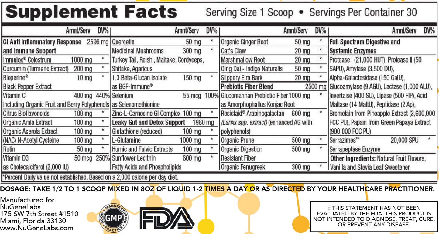 Supplement facts label with various health benefits and ingredients listed.