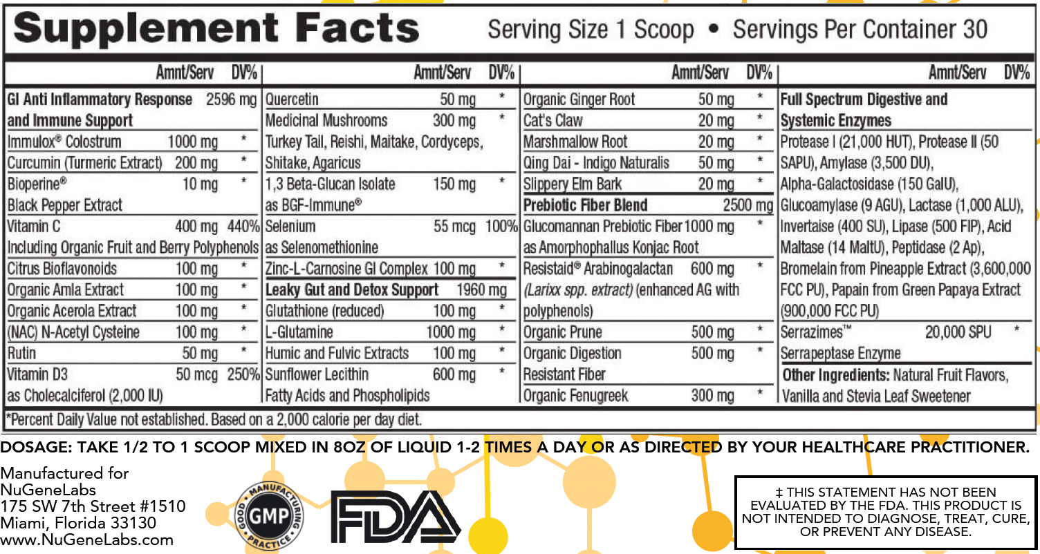 Supplement facts label with various health benefits and ingredients listed.