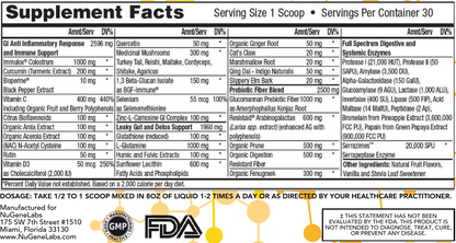 Supplement facts label with various health benefits and ingredients listed.