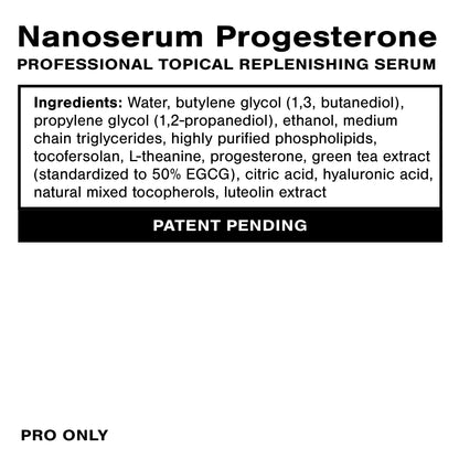 Nanoserum Progesterone product label with ingredients list on a white background